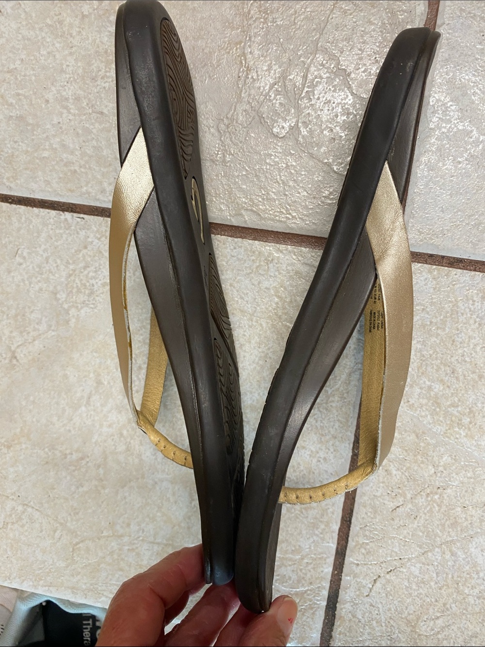 OluKai Women's Dark Brown Footbed Flip Flops with Tan/gold Straps - Picture 5 of 6